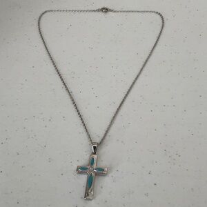 Silver and Blue Cross Pendant Necklace